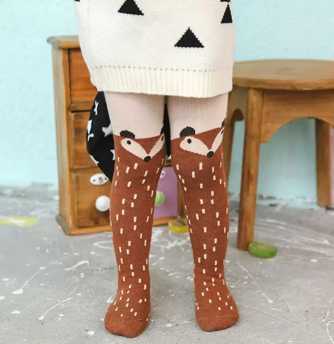 Детские леггинсы с изображением лисы для маленьких девочек, детские вязанные высокие леггинсы колготки для девочек, носки на осень колготки для мальчика из хлопка - Цвет: Baby Tights Brown