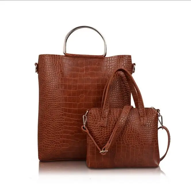

2017 new summer beach styles pu leather crocodile pattern shoulder bag fashion tote bags ladies 2pcs set purse and handbags