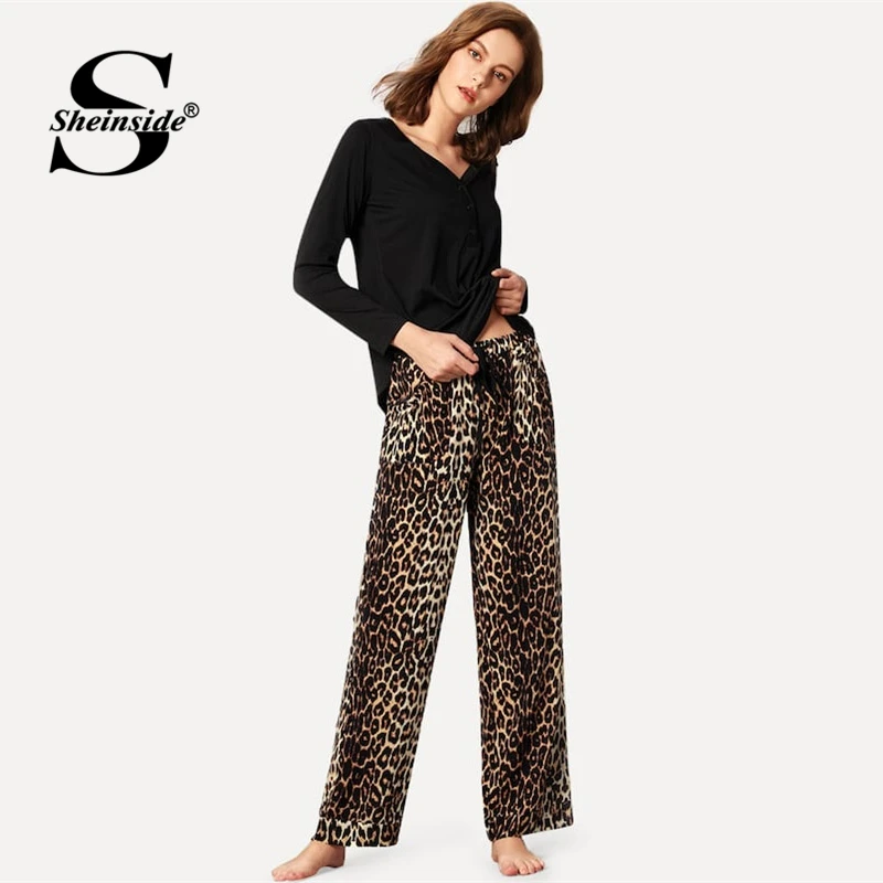 Sheinside Black Button Cotton Top & Drawstring Leopard