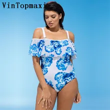 Плюс Размеры купальники Для женщин с цветочным принтом с открытыми плечами большой Размеры пухлые Одна деталь купальник плюс Размеры боди летняя пляжная одежда