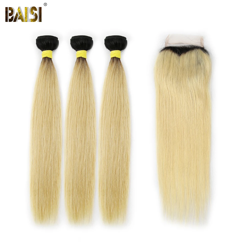 

BAISI Hair Peruvian Virgin Hair 1B/#613 Blonde Straight Hair Weave 3 Bundles with Closure 100% Human Hair