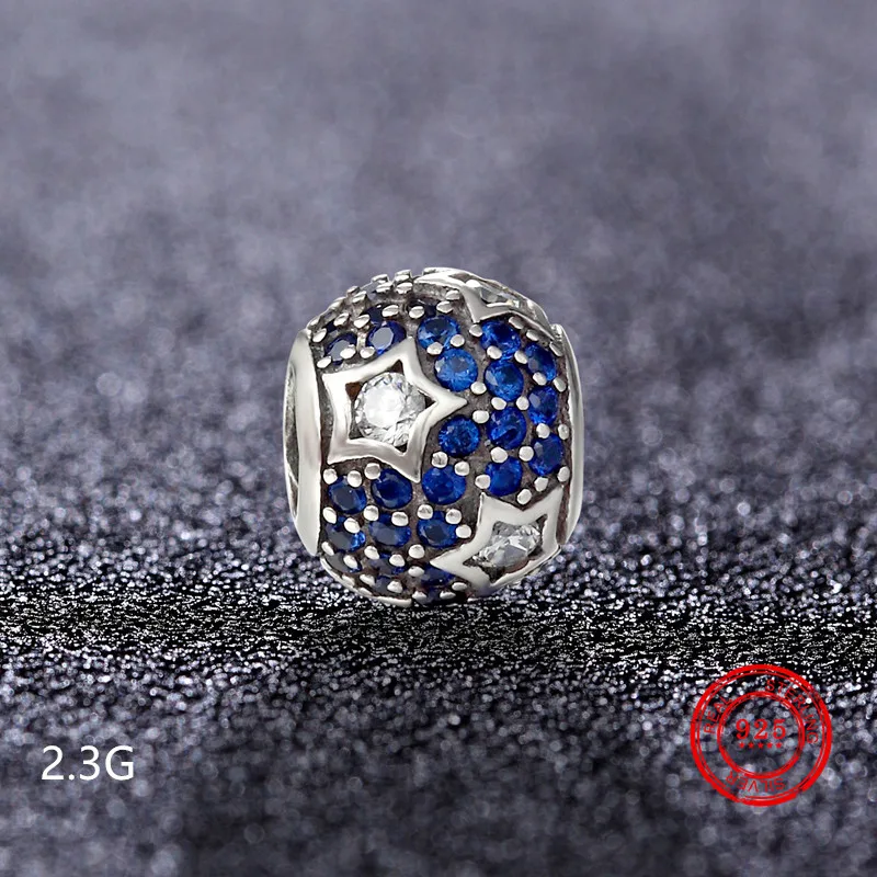 

925 Sterling Silver Blue Charm Beads Micro Inlaid Zircon Large Hole Beads Suitable for Pandora DIY Jewelry Bracelet Found
