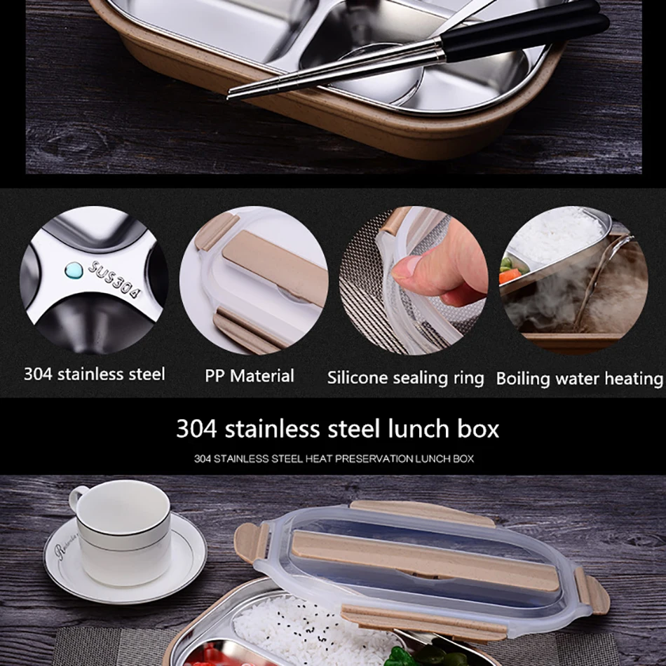 ONEUP stainless steel Lunch box Eco-friendly Wheat Straw Food container with cutlery Bento Box With Compartments Microwavable 3