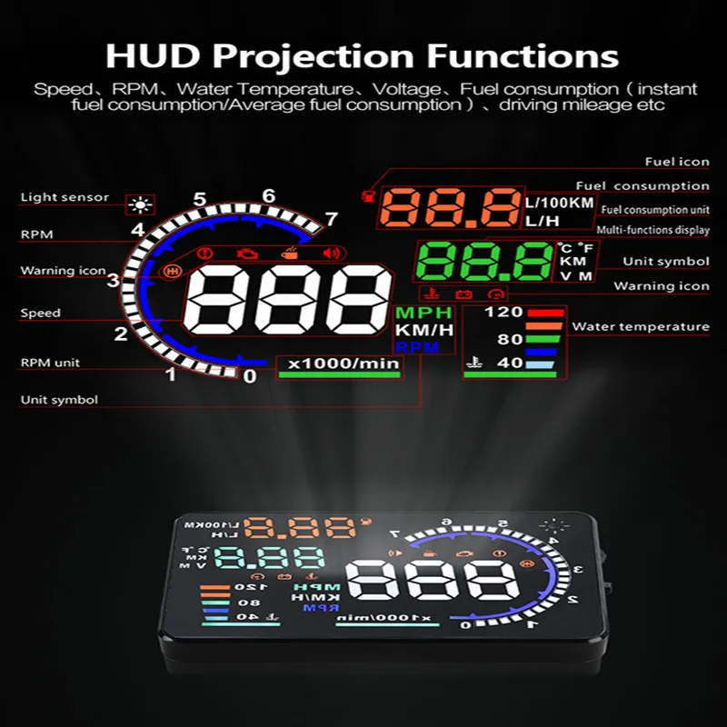 

5.5" A8 HUD Car Head Up Display LED Windscreen Projector OBD2 Driving Computer Speed Warn Fuel Consumption Mileage Data Detector