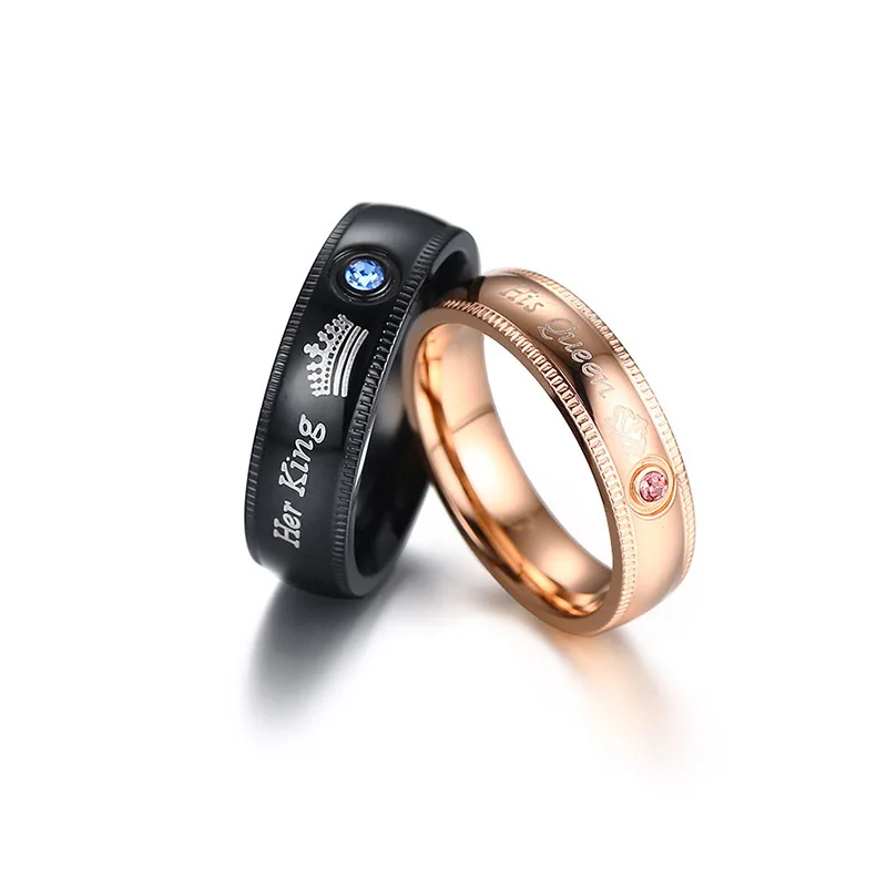cheap New Couple Rings For Women Men Black Rose Gold Metal Jewelry #039;Her king His Queen #039; Blue Pink Crystal Charms Rings Anillos Mujer