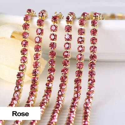 3yards/piece 17colors glass crystal Rhinestones chain, Gold bottom sew on Cup Chains For diy Sewing Clothes Accessories 