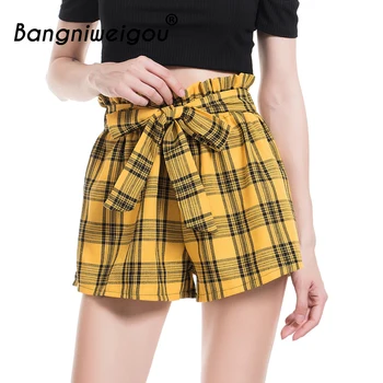 

Bangniweigou High Waist Straight Leg Shorts Plaid Vintage Ruffle Elastic Waist Self Belt Check Grid England Shorts Women