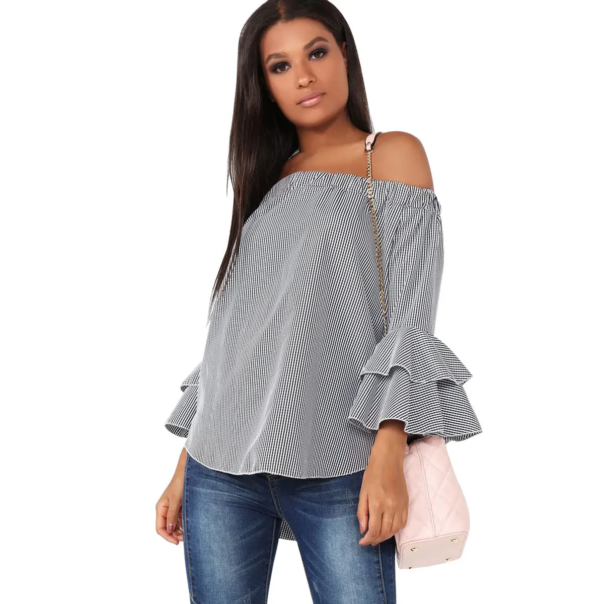 2017 Oversized Women Strapless Plaid Loose Blouses Double Horn Sleeve One Word Shoulder Sexy 