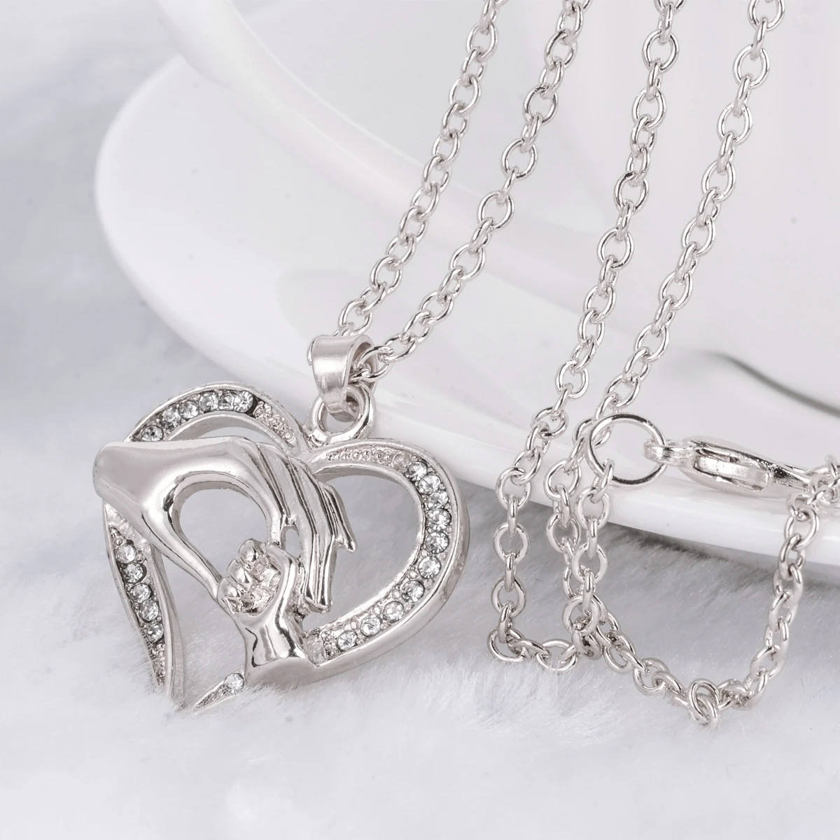 Vintage Collare Mother Child Necklaces Shellhard Crystal Hand in Hand Heart Shaped Pendant Necklace Love Family Jewelry Gift