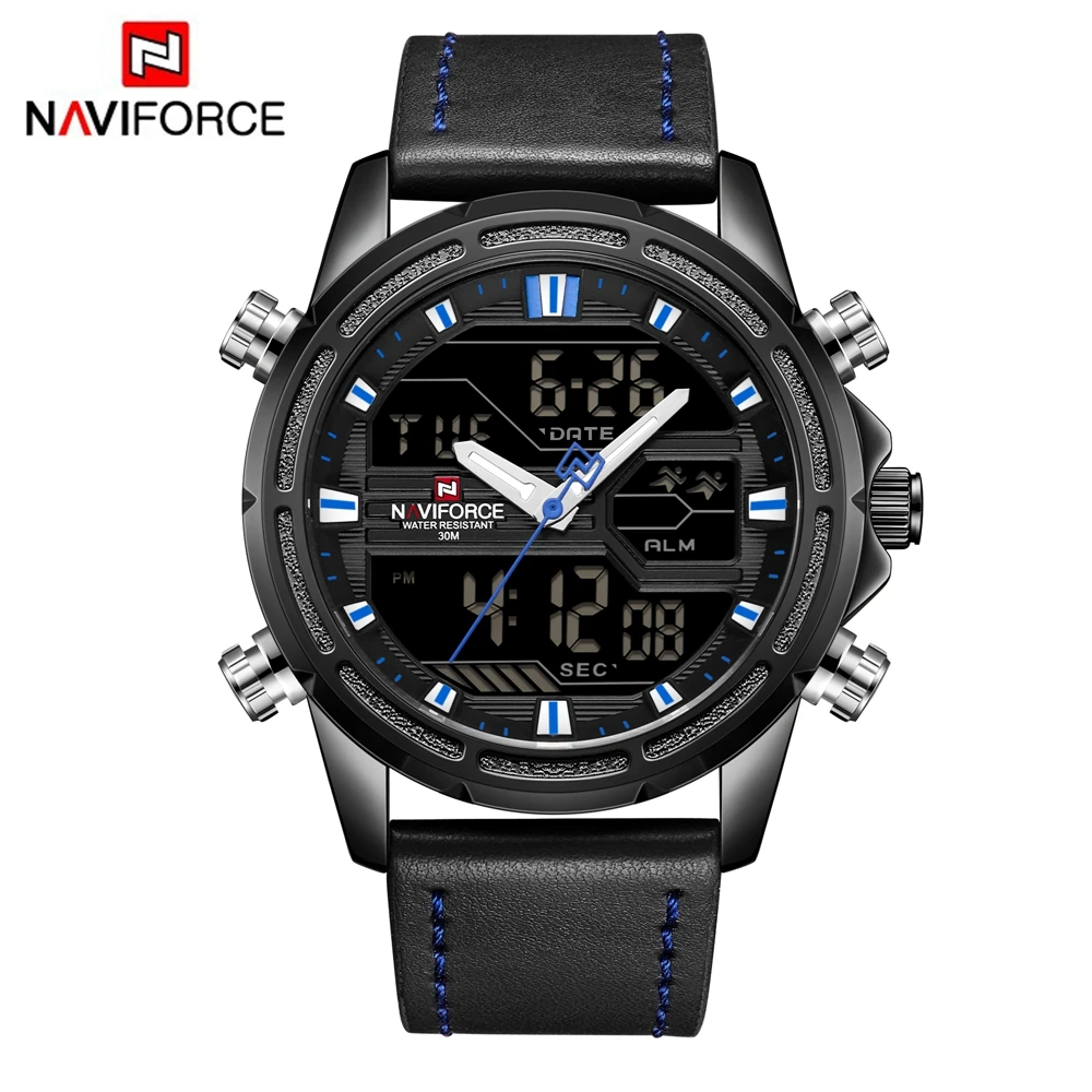 

NAVIFORCE Waterproof Watch Men Sport Japanese Quartz Dual Display Man Watches Digital LED Digital Analog Leather Wristwatches