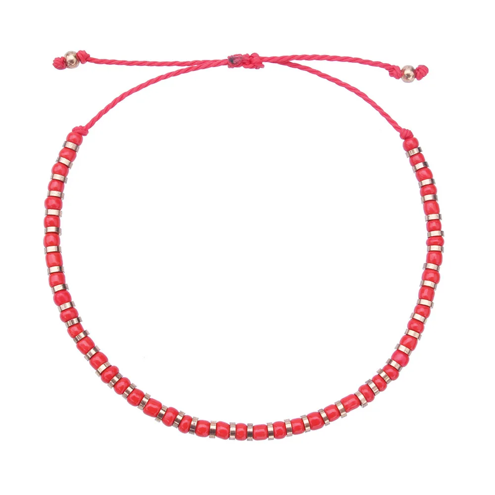 

red glass seed bead bracelet pink red string macrame copper bead waterproof eco-friendly waxed thread summer friendship bracelet