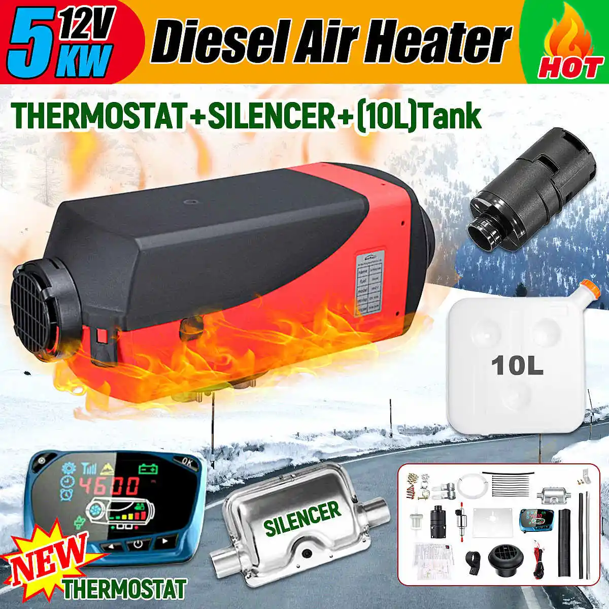

5KW 12V Air Diesel Fuel Heater Car Parking Heater Electric Heating Cooling LCD Monitor Thermostat for RV Boat 2 Holes