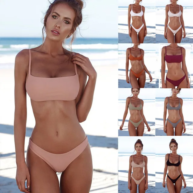 

2pcs Solid Bikini Set Women Swimsuit with Push-up Padded Bras Triangle Summer Bathing suit 7 Colors Body suit Beachwear Biquini