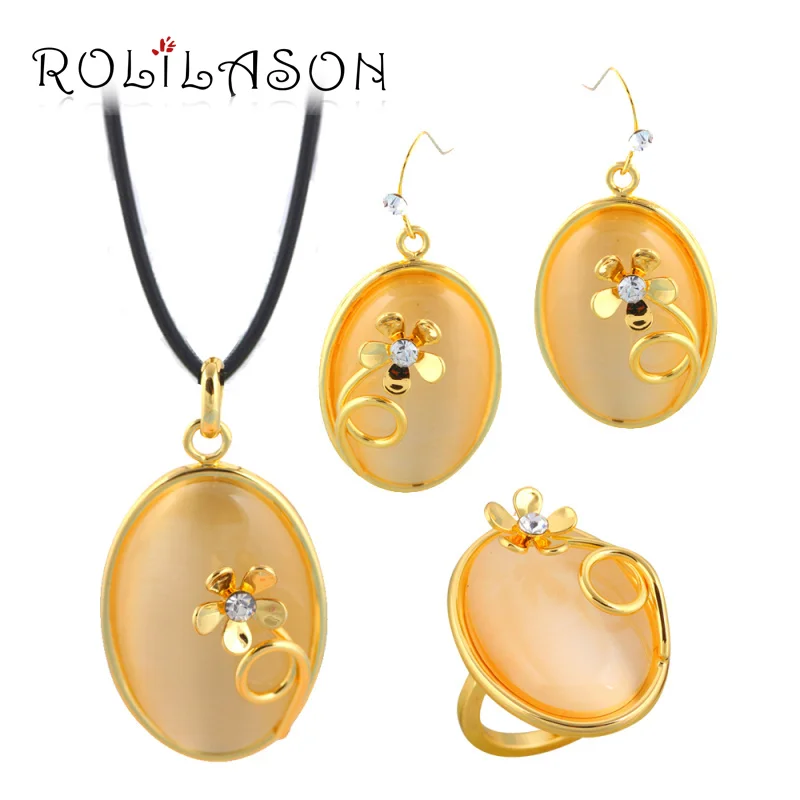 Rolilason элегантный желтый циркон золотой тон Наборы серьги/Цепочки и