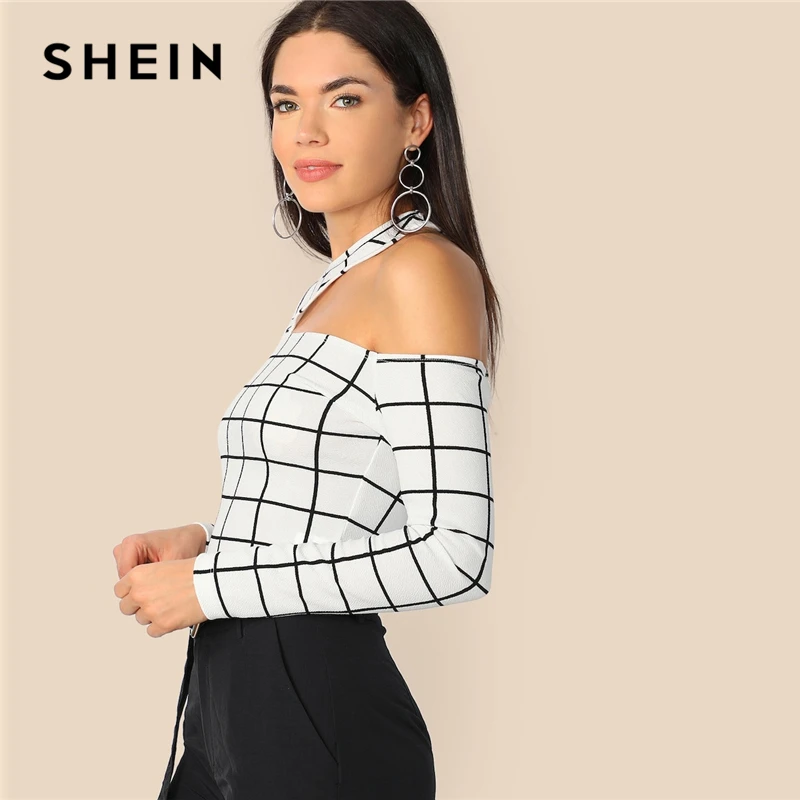 SHEIN Асимметричный Приталенный Топ С Вырезом Сексуальная Клетчатая Футболка