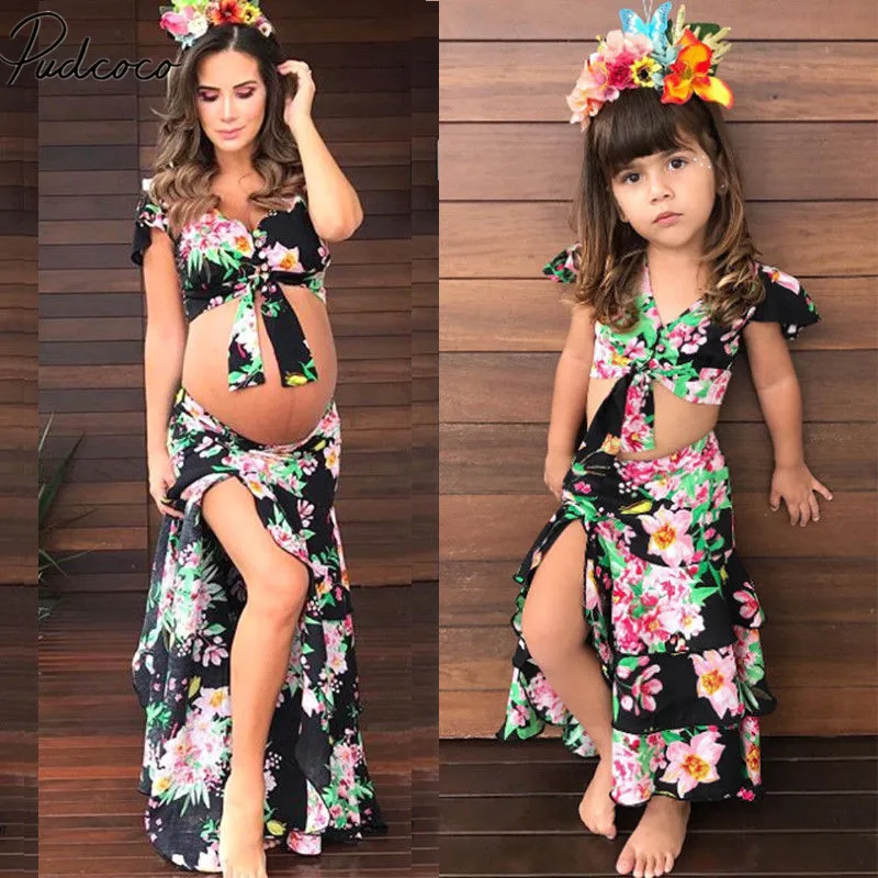 

2018 Brand New Family Women Baby Girls Flowers Crop Tops Irregular Skirt Dress 2Pcs Set Outfits Summer Family Matching Clothes