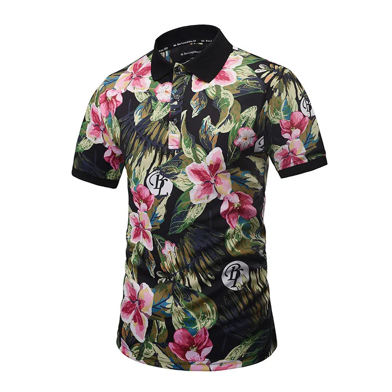 Европа Америка летний отложной воротник рубашки поло мужские цветы печати черепа топы тонкие модные брендовые рубашки поло