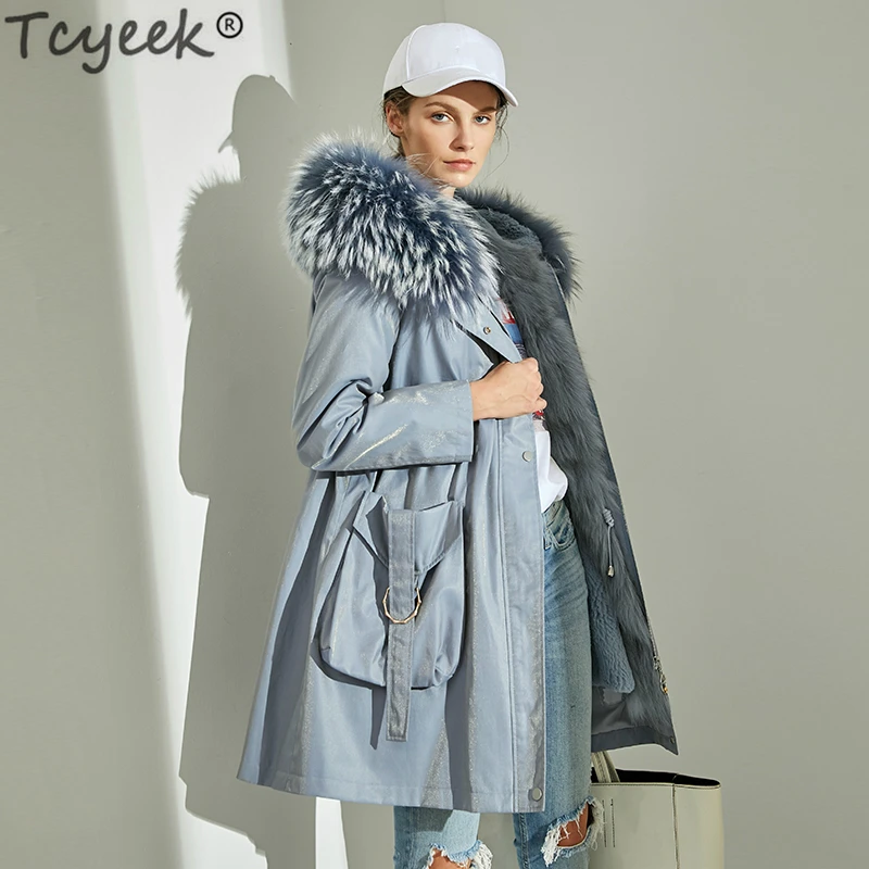 Женская зимняя куртка Tcyeek с воротником из натурального меха енота длинная парка