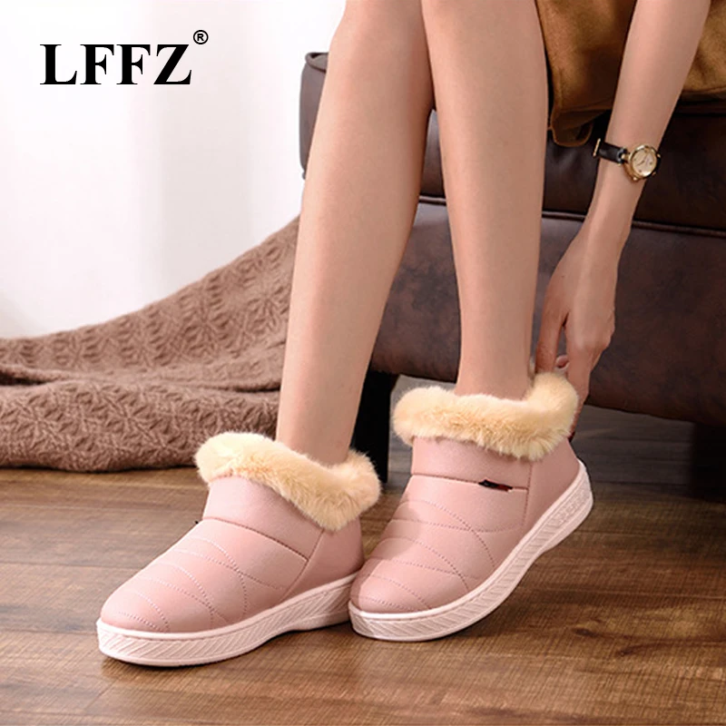 

LFFZ 2018 Women Snow Boots Winter Warm Fur Ankle Boots Couple Thick Sole Cotton Shoes Woman Flats Waterproof Anti-skid Boot PP46