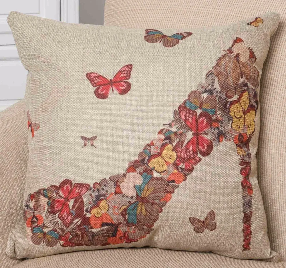 The Butterfly High Heels Pattern Art Cotton Linen Flax Cushion Case