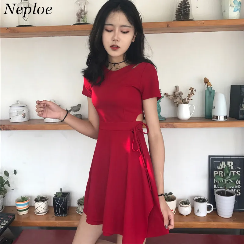 

Neploe 2019 Summer Fashion Chic Solid Hollow Out Women Vestido Sexy Lacing Slim Dresses Newly O-Neck Short Sleeve Dress 67515