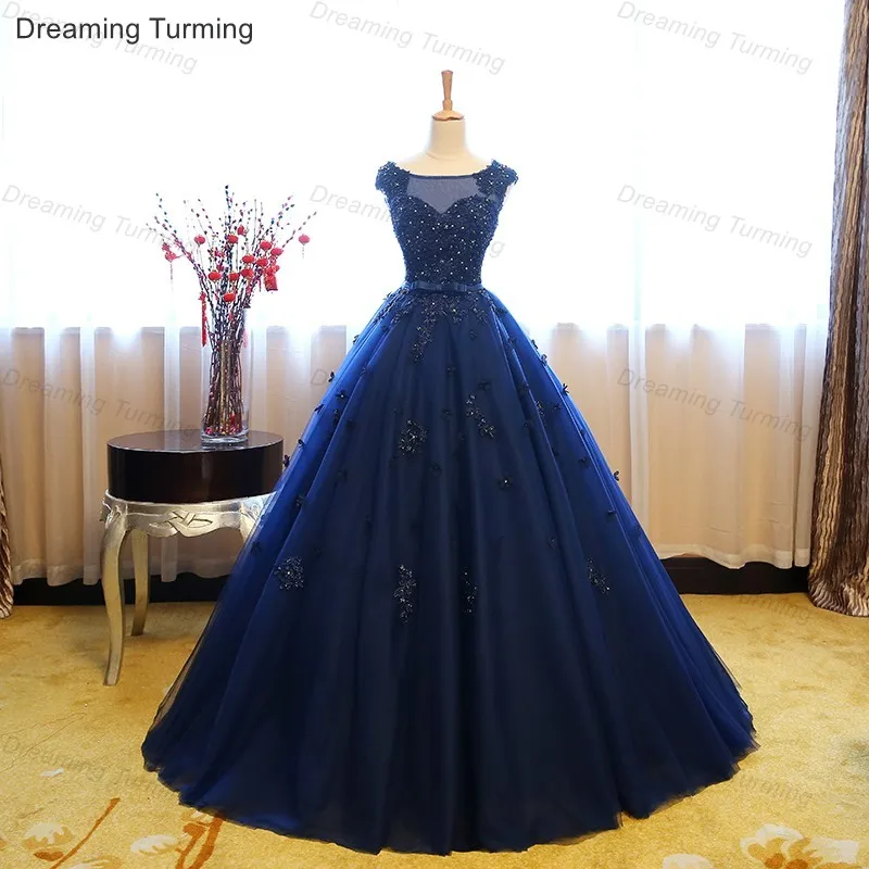 Королевское голубое праздничное платье бальное платье вышитый бисером короткий рукав Аппликации Длинные Дешевые Бальные платья для выпускного вечера на 15 лет