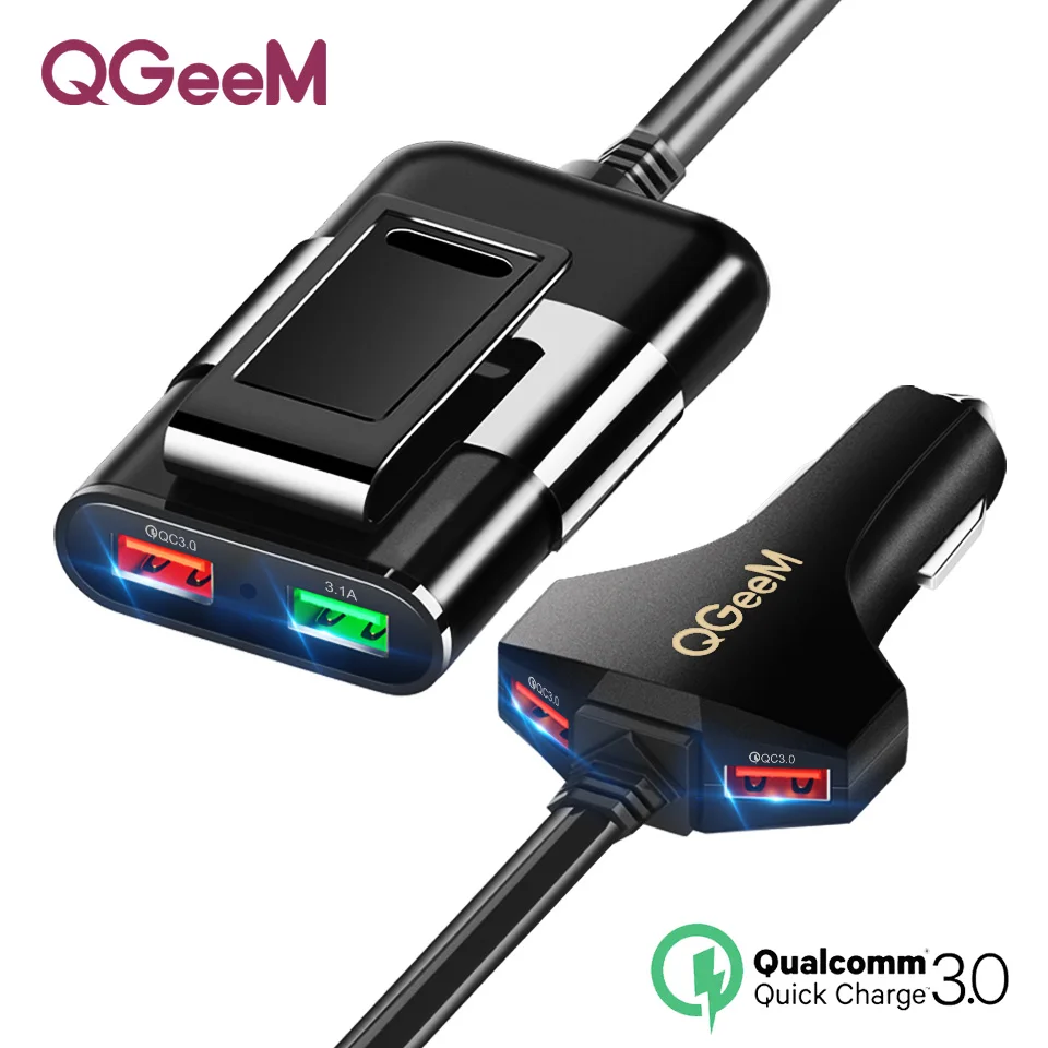 

QGEEM 4 USB Car Charger for iPhone Quick Charge 3.0 Car Portable Charger Hammer Front Back QC3.0 Phone Charging Fast Car Charger