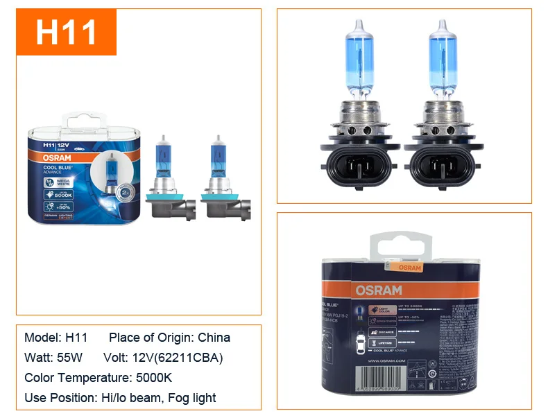 OSRAM Cool Blue Advance H1 H3 H4 H7 H9 H11 9005 9006 HB3 HB4 9003 12V 5000K мега белые галогенные лампы для автомобильных фар Противотуманные фары, 2X