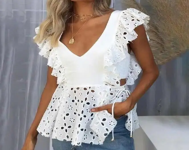 Women blouse Hollow Out Lace Patchwork tops women plus size 5xl Geometry v-neck summer Shirt vrouw Blouse large