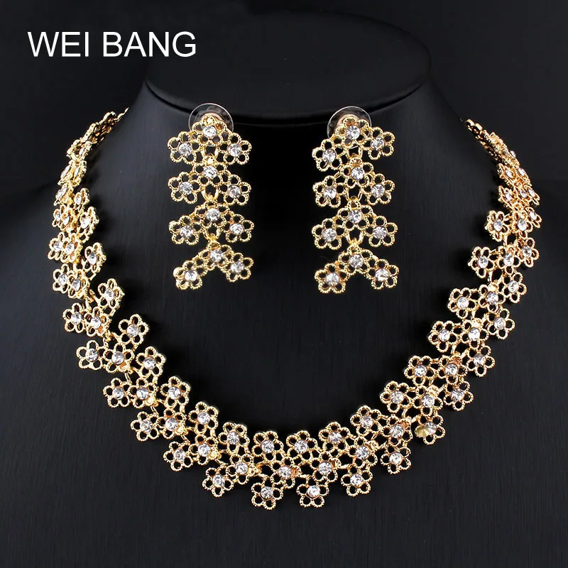 

Weibang 2017 New Fashion Wholesale Retail Golden Color Jewelry Set African Bride Wedding Dress Crystal Necklace Earrings Set