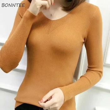 

Pullovers Women Simple V-Neck Knitted High Elasticity Slim Sweater Korean Sweet Long Sleeve Pullover Womens All-match Sweaters
