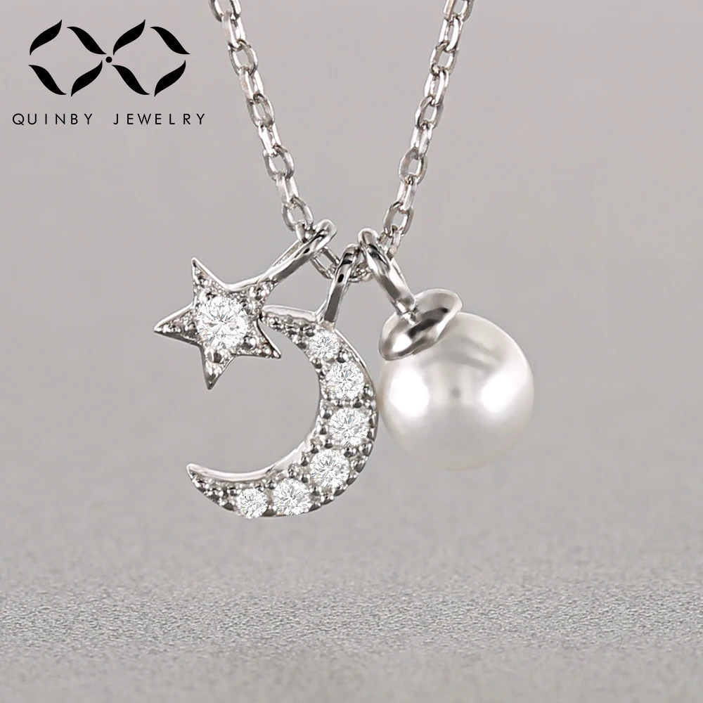 

925 Sterling Silver White Pearl Pendant Necklaces Women Moon Star AAA Cubic Zircon Crystal Necklace Chains Chokers Jewelry Z4