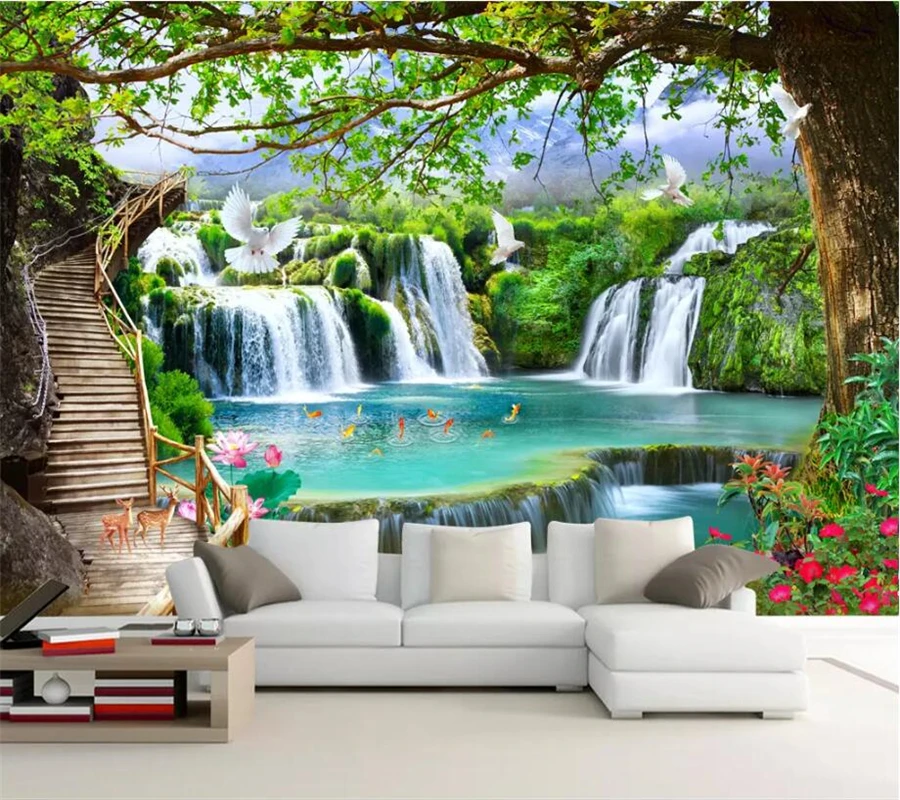 

beibehang Custom wallpaper 3d Photo mural Simple Leisure Green Tree Forest Waterfall Landscape Tooling Wallpaper papel de parede