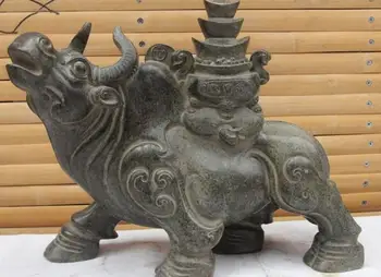 

China Feng Shui Copper Bronze Treasure bowl OX Bull Attract Wealth beast Statue