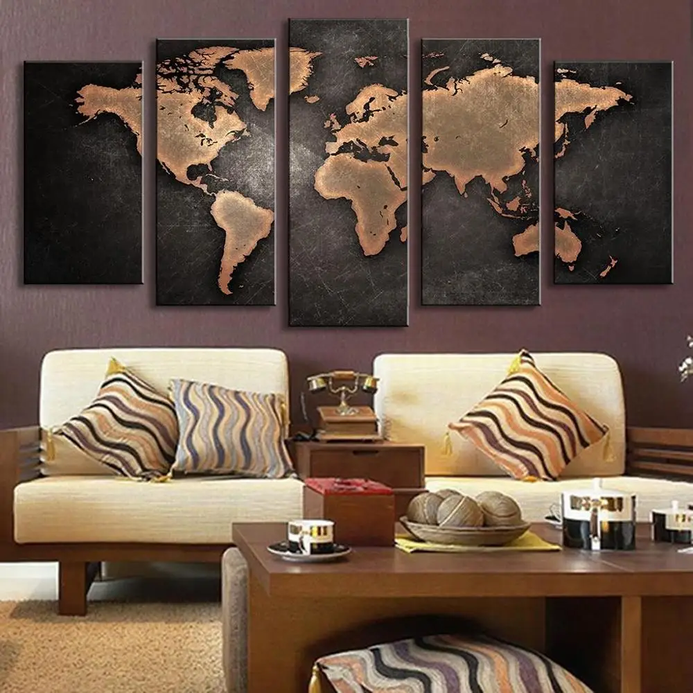 Современные картины на холсте HD печатные настенные художественные рамки 5 шт. Ретро Карта мира для гостиной украшения дома постеры