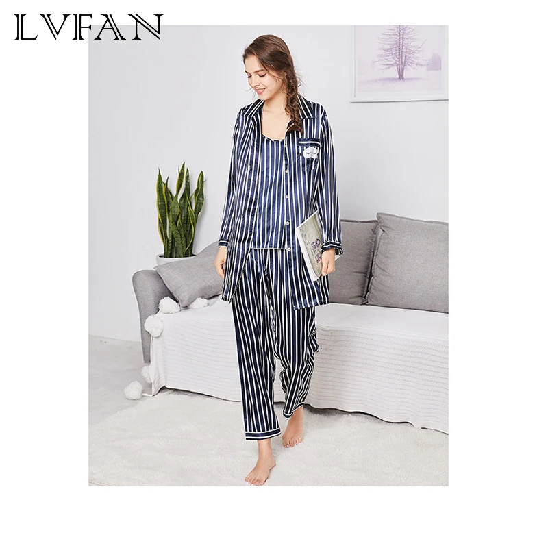 Имитация шелка пижамы женские летние с длинными рукавами домашний костюм из семи частей шелковые пижамы для женщин с длинными рукавами LVFAN QJT789