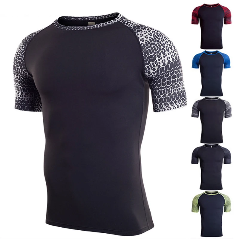 

Splice Printed Gym Tshirt Quick Dry Fit Men Running Shirts Elastic Compression Clothes Sports Rashgard MMA Summer Camiseta