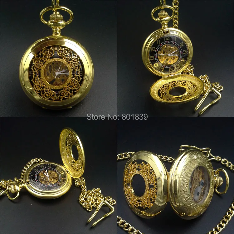 H111 роскошный скелет золотой тон ручной Заводной механический мужские карманные часы цепь хороший Рождественский подарок часы для