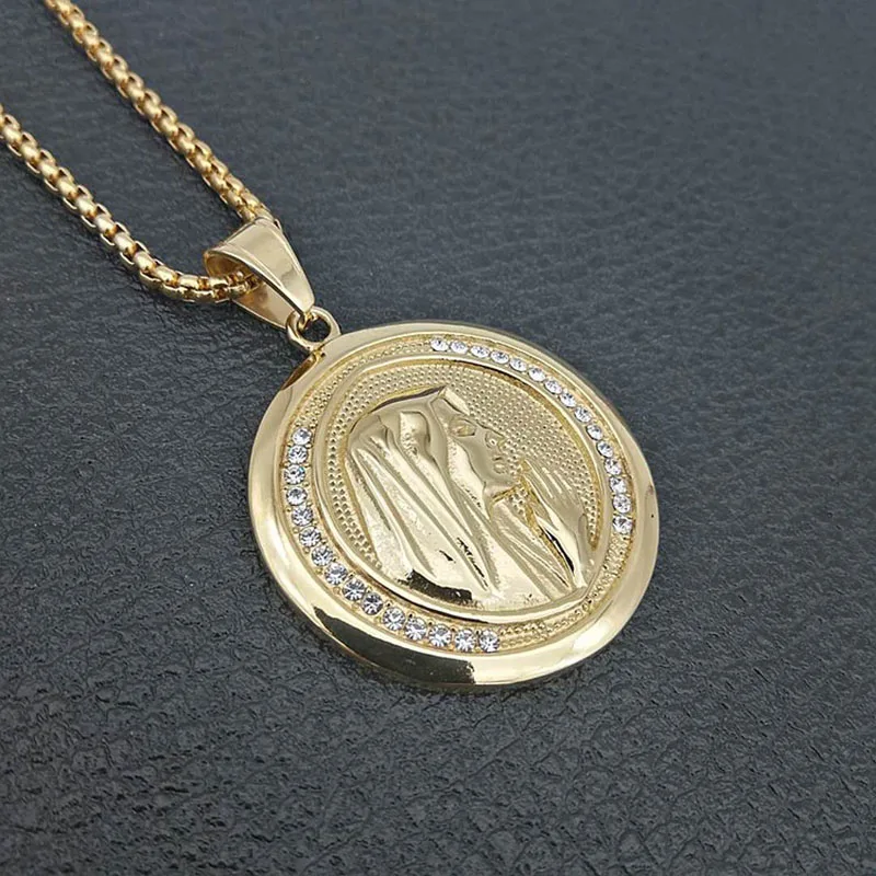 Золото серебро Нержавеющая сталь Девы Марии круглый кулон ожерелье для мужчин Bling лед из хип-хоп рок ювелирные изделия