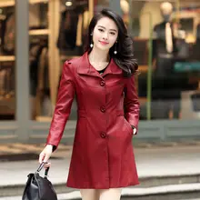 Black Plus Size Female Red Long Autumn Windbreak Winter Coat Overcoat Pu Genuine Leather Jacket Women Trench Middle – aged women
