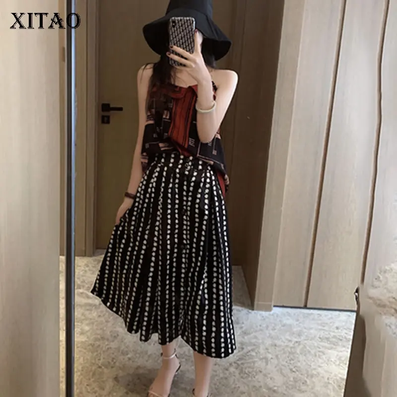 

XITAO High Waist Split Skirt Women Korea Fashion New A Line Dot Wild Joker Slim 2019 Summer New Elastic Waist Elegant WLD1450