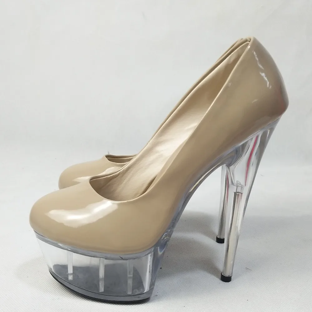 2018 Sexy Women's 15cm Super High Heel Pumps Patent Leather Crystal Platform Shoes 6 inch beige Party Dance Pumps
