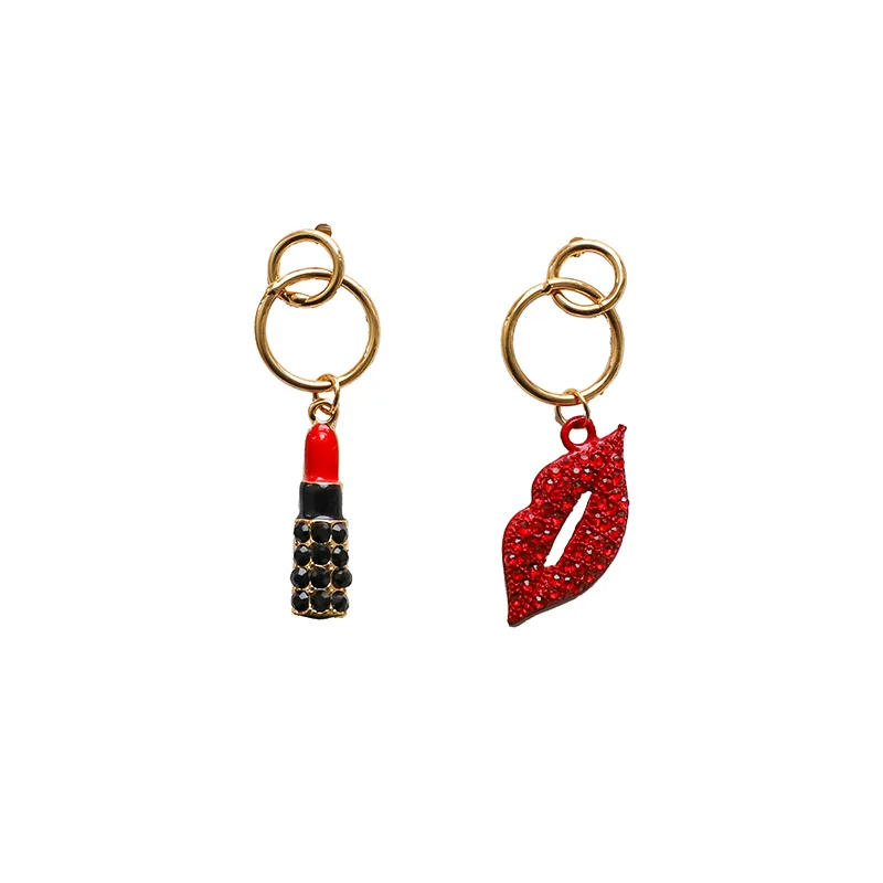 Fashion Asymmetric Sexy Red Lip Earrings Rhinestones Mouth Lipstick Gold s925 Needle Luxury Women Tassel Long Korean Jewelry J34 - Окраска металла: red lip earrings