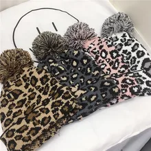 Женская зимняя теплая шапка с леопардовым принтом и вязанными рукавами плюс бархатная шерстяная шапка Ретро зимние шапки для женщин Зимняя теплая