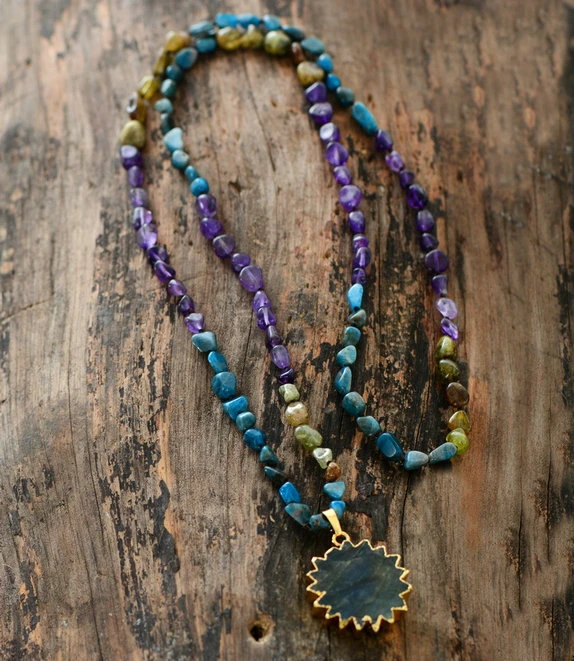 

Women Luxury Necklace Random Shape Natural Stones Labradorite Star Pendant Necklace Beads Knotted Lariat Necklace Dropship