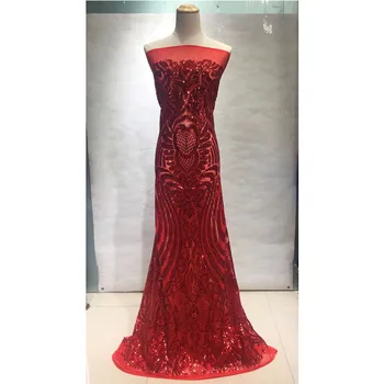 

2018 High Quality African Lace Fabric Red Color French Net Embroidery Sequins Tulle Lace Fabric For Nigerian Party Dress LZ30