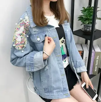 

Female Autumn and Winter New Beaded Bow Sequins Worn Loose Casual Denim Jacket Female Student Jacket 2019 New