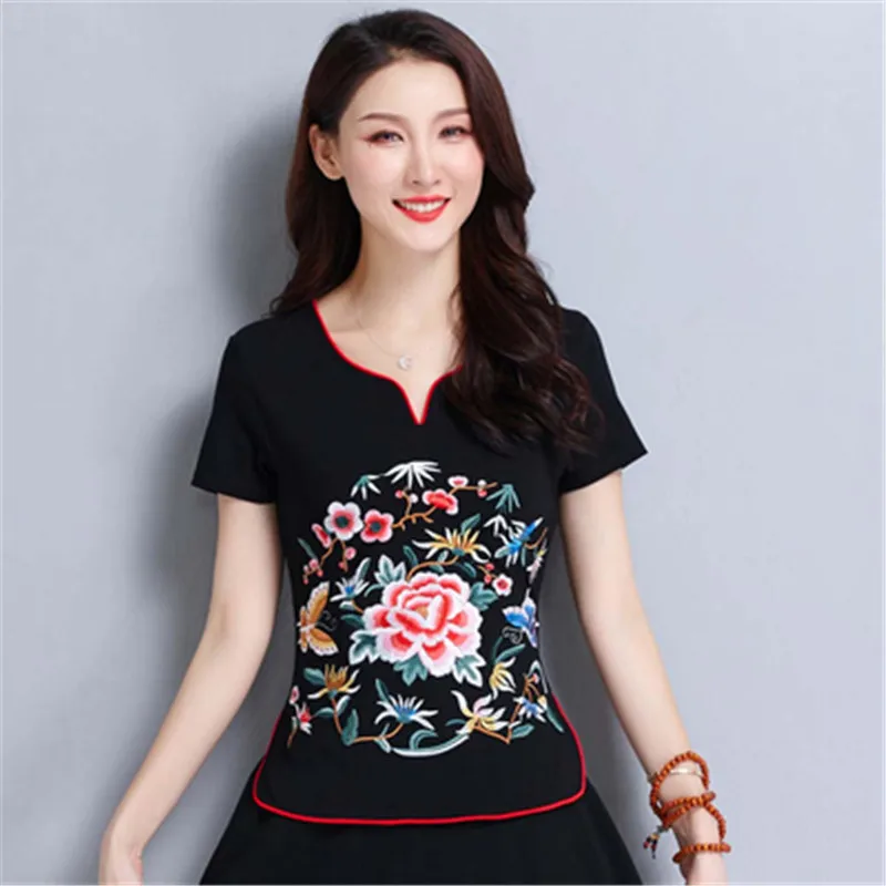 Футболка винтажный летний топ с цветочной вышивкой Camisetas Mujer Футболка Camisa Feminina топы Футболка женская плюс размер 5XL Harajuku - Цвет: -8787black