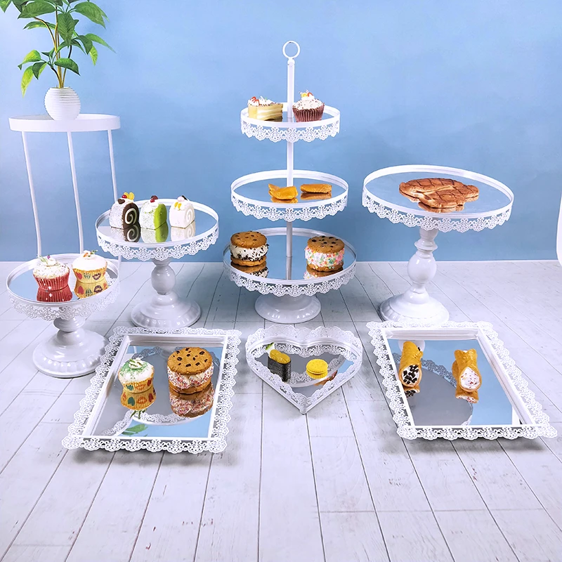 

Tobs 7pcs/set Wedding Cake Stand Set For Party Decoration With Lace Edge silver Mirror Cake Tools Cookies Display Platform