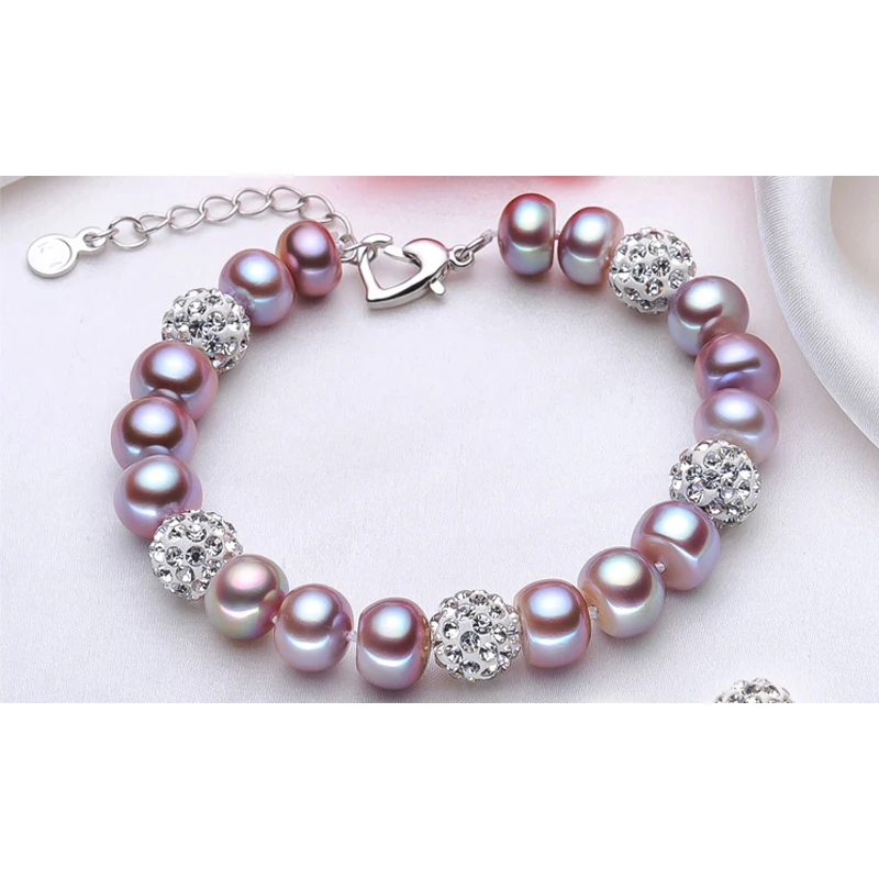 Настоящий красивый женский браслет из пресноводного жемчуга, свадебный браслет с культивированным белым жемчугом, 925 серебряные ювелирные украшения, Подарочная коробка для девочек на день рождения - Цвет камня: purple pearl braclet